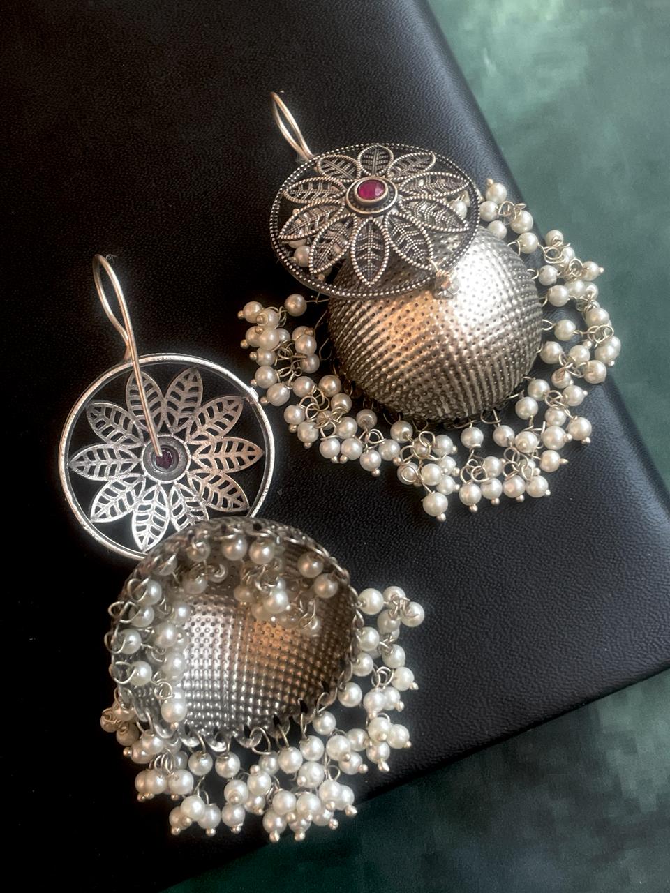 Black Polish Floral Top Jhumka Earring