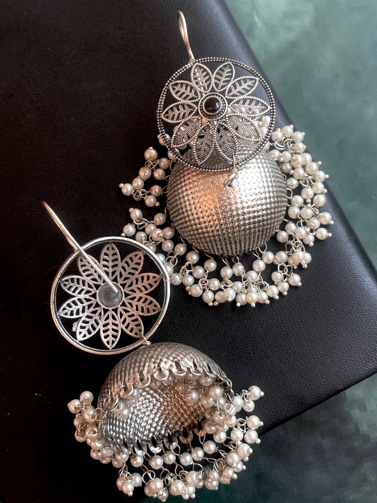 Black Polish Floral Top Jhumka Earring