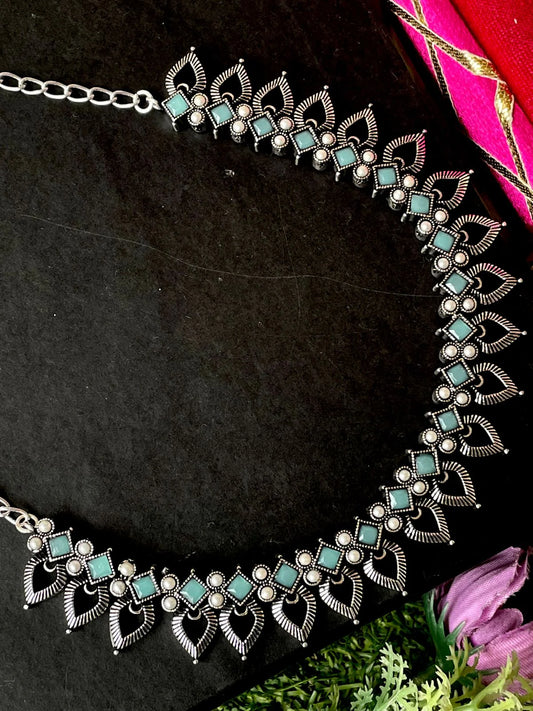 Oxidized Choker with Earring set with stone and beads work
