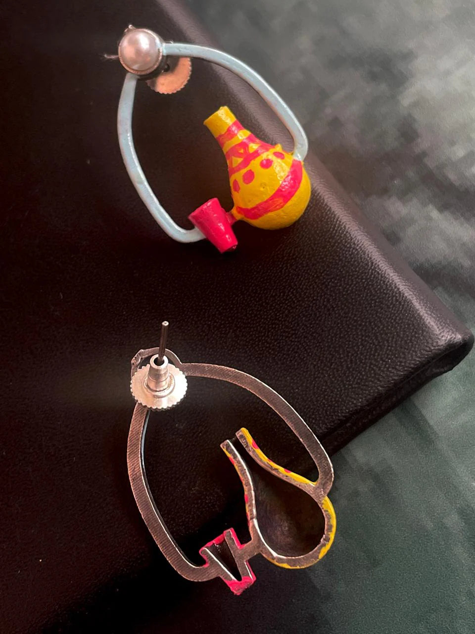 Hand Painted Pot and Glass Oxidized Earring