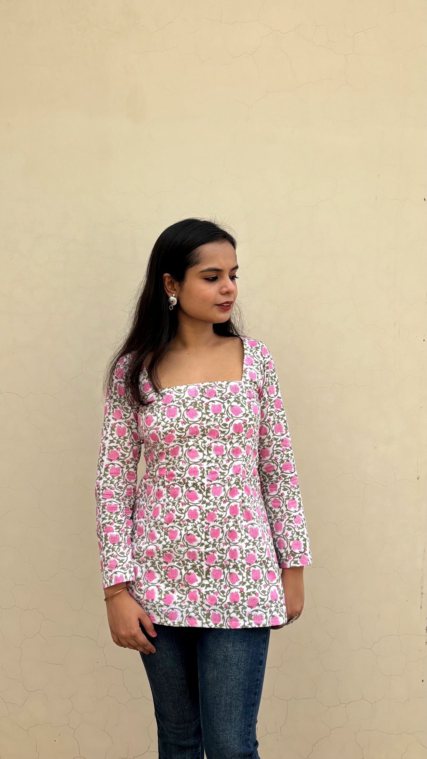 Rose Print Full Sleeve Corset Kurti