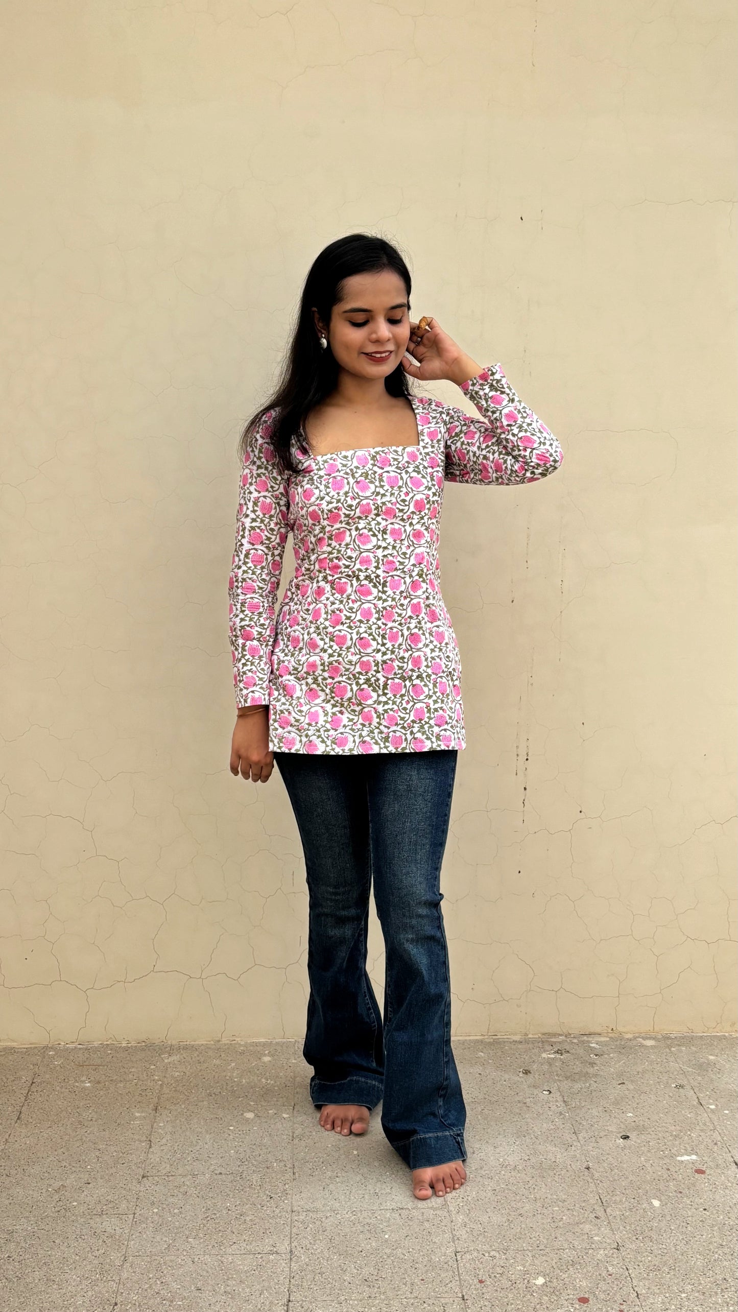 Rose Print Full Sleeve Corset Kurti