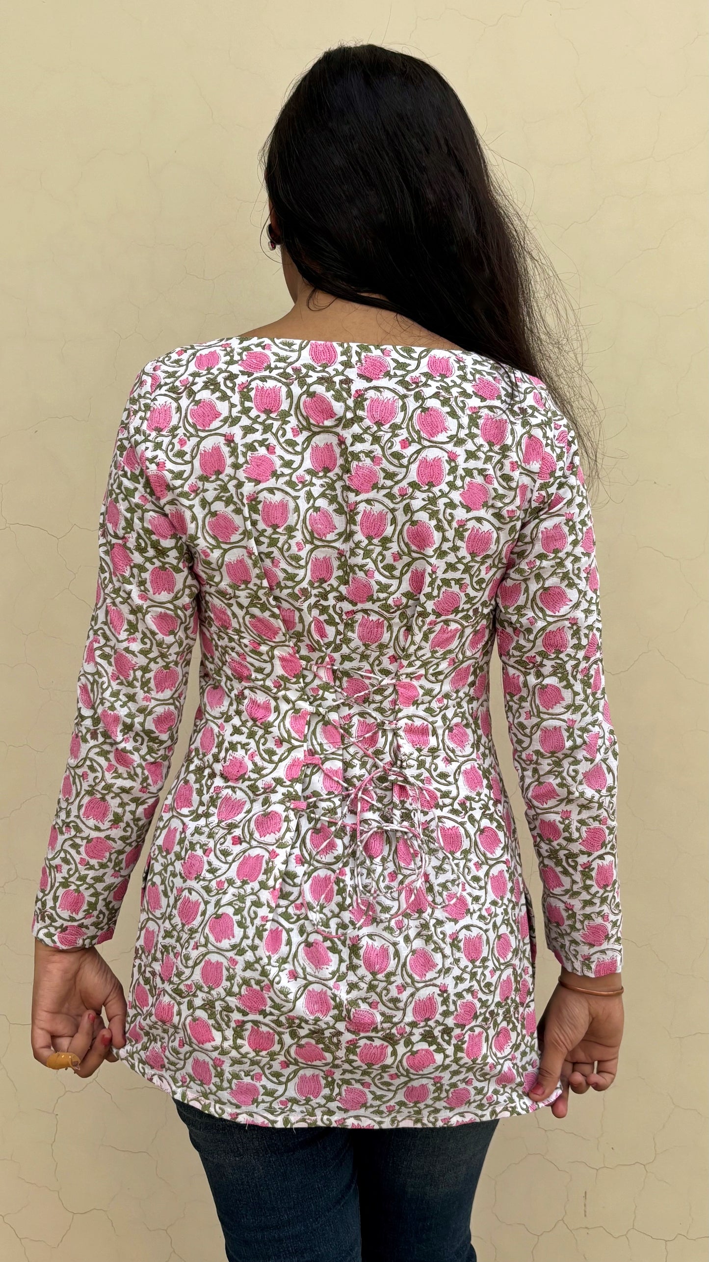 Rose Print Full Sleeve Corset Kurti
