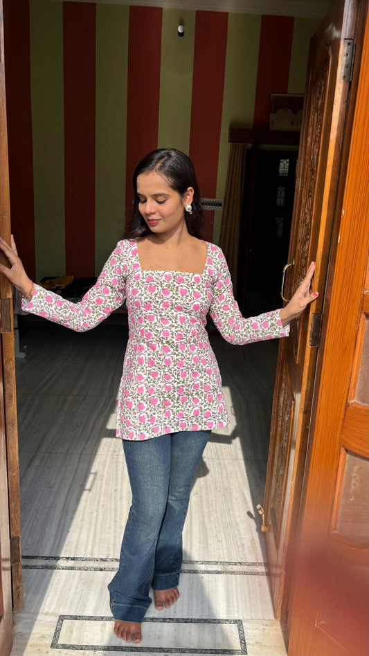Rose Print Full Sleeve Corset Kurti