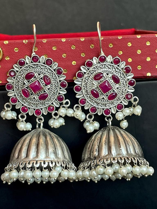 Black polish Antique Look Oxidized Top with stones and beads with Jhumki Earring