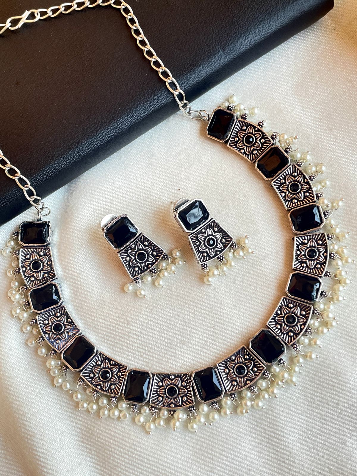 Monalisa Stone Oxidized Antique Look Choker with Earring set