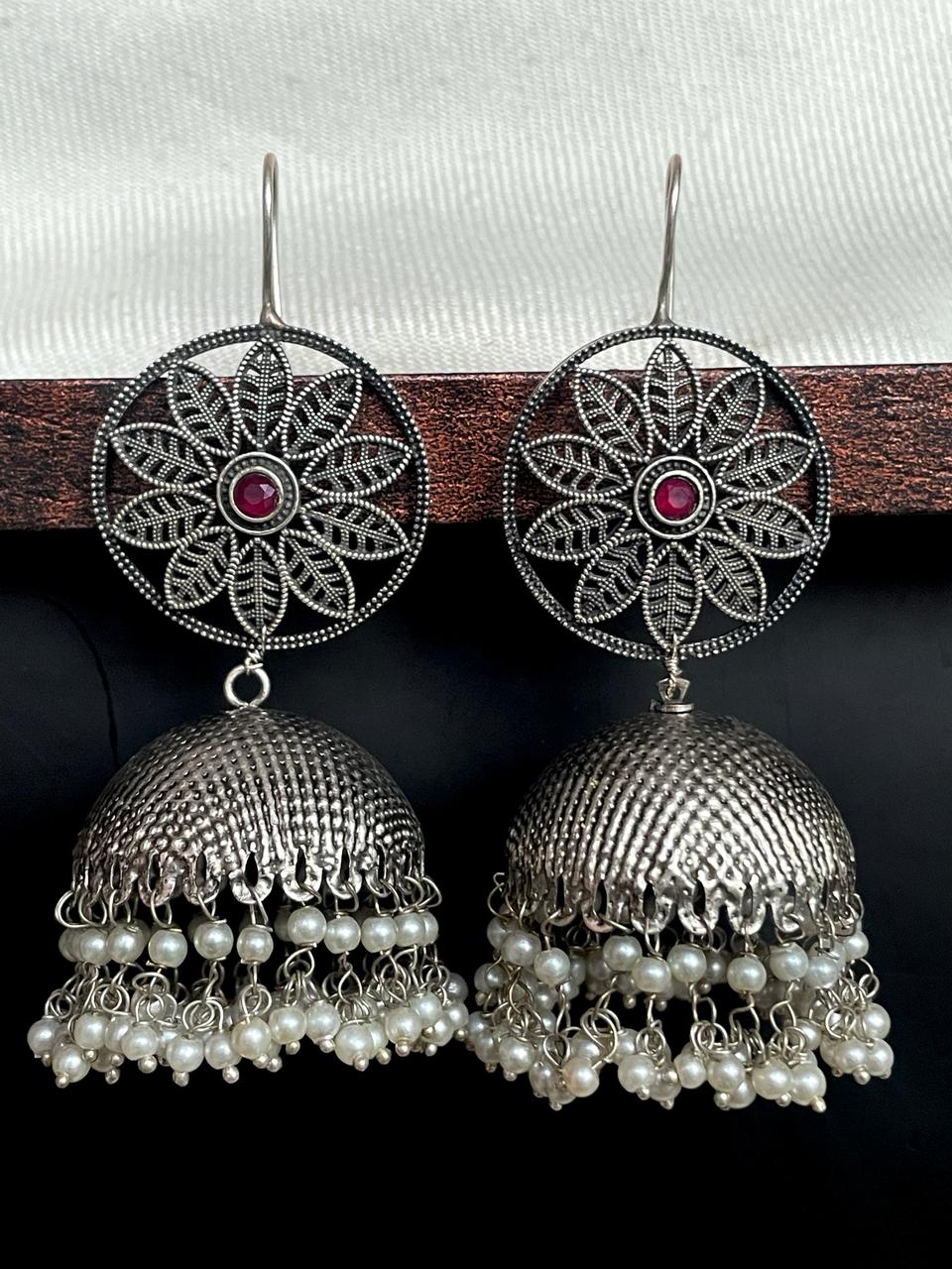 Black Polish Floral Top Jhumka Earring