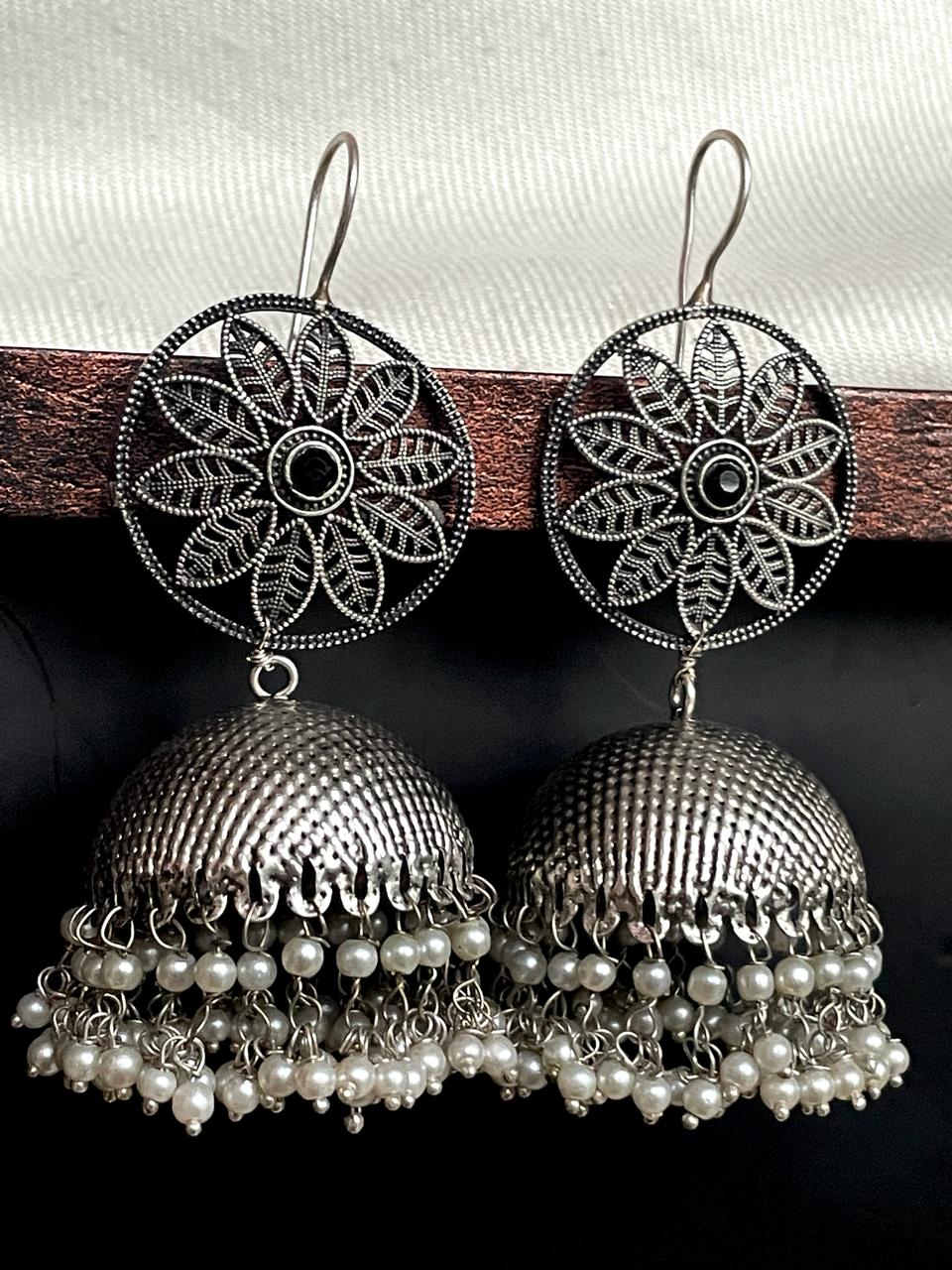 Black Polish Floral Top Jhumka Earring