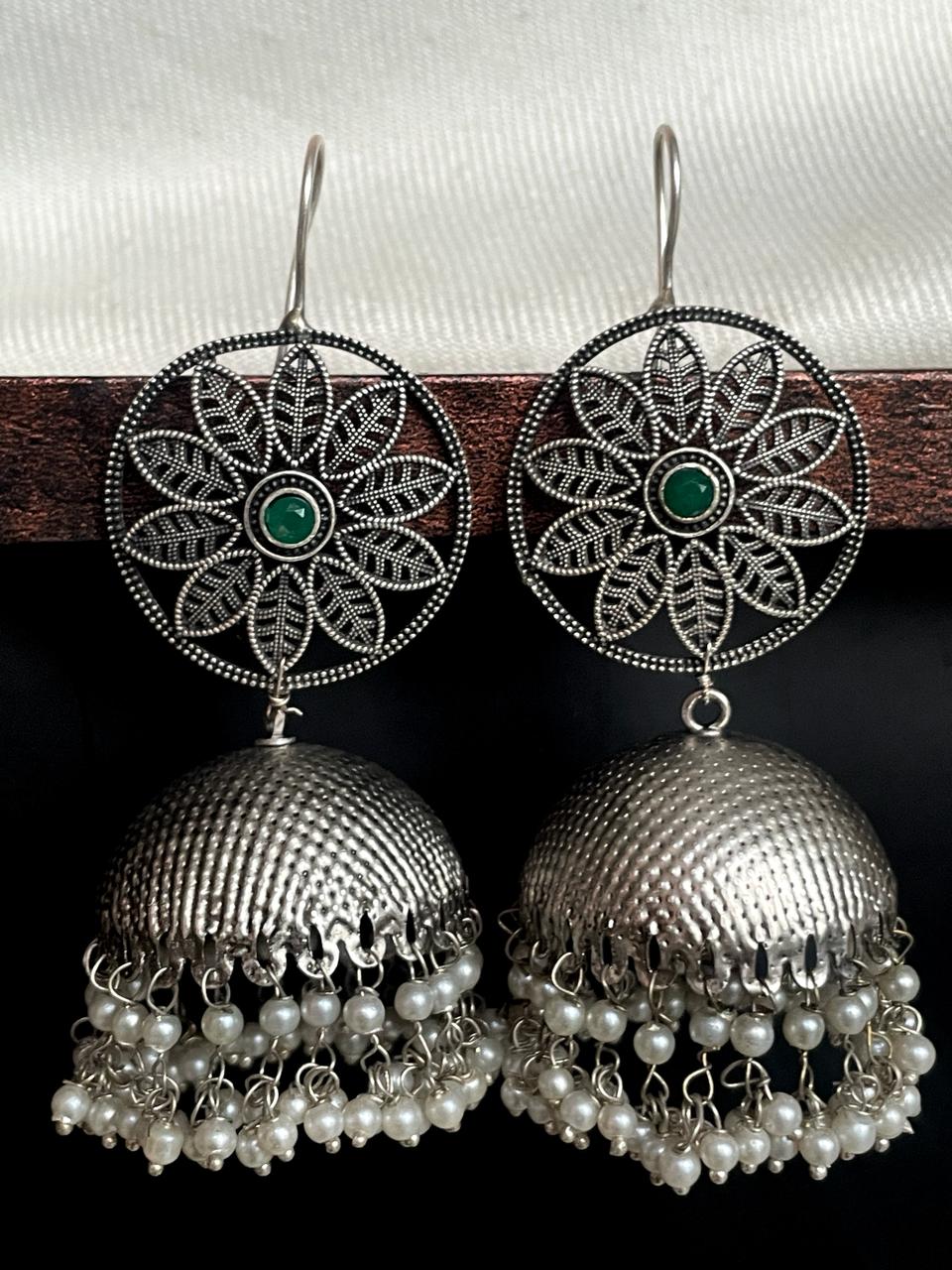Black Polish Floral Top Jhumka Earring