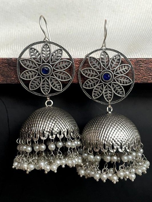 Black Polish Floral Top Jhumka Earring