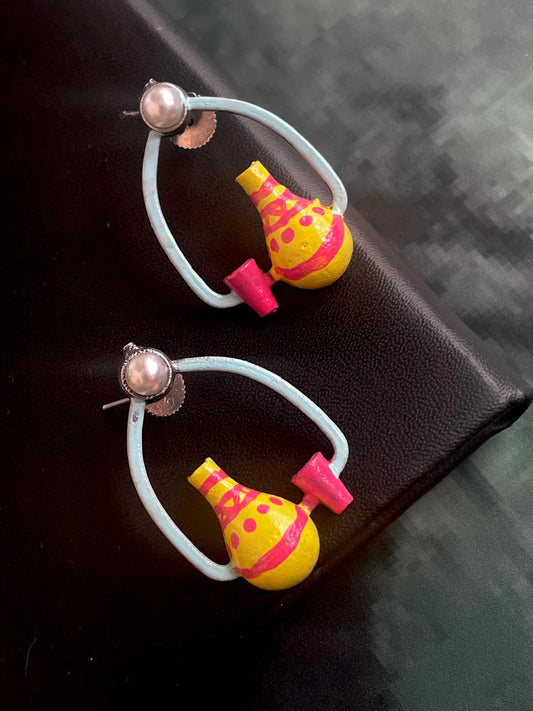 Hand Painted Pot and Glass Oxidized Earring