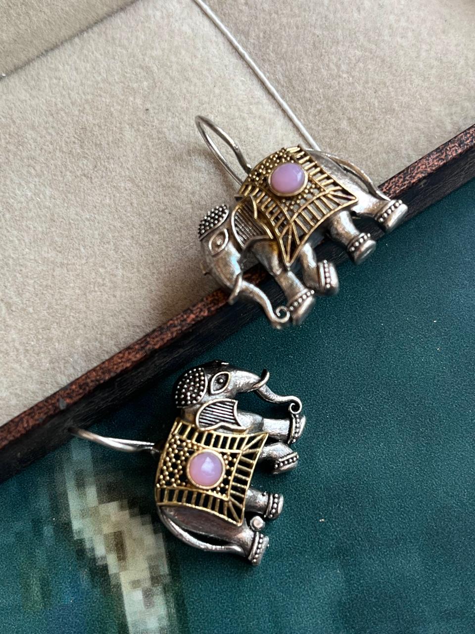 Dual Tone Elephant Shape Stone Earring