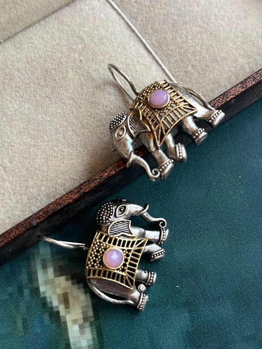 Dual Tone Elephant Shape Stone Earring