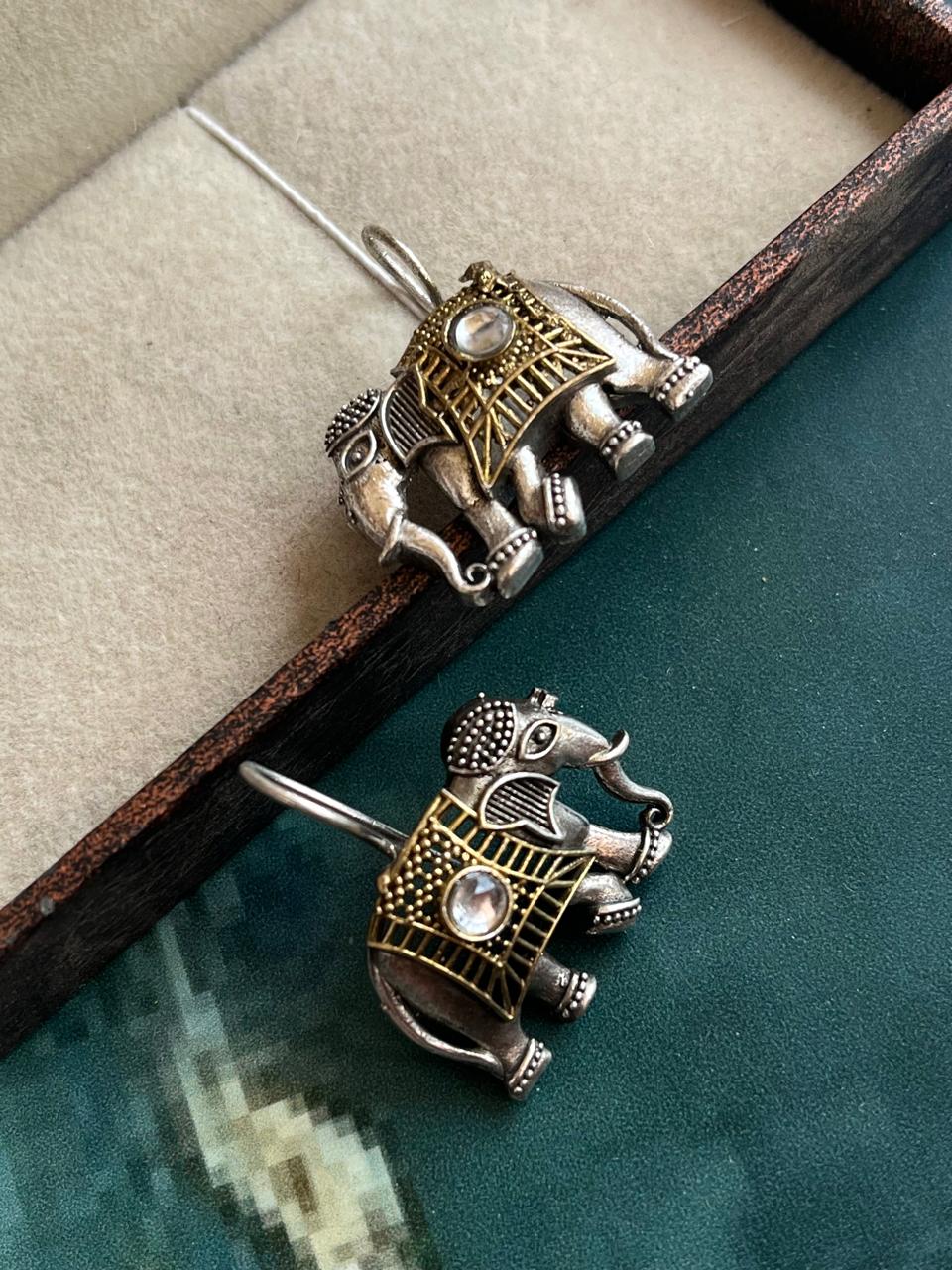 Dual Tone Elephant Shape Stone Earring