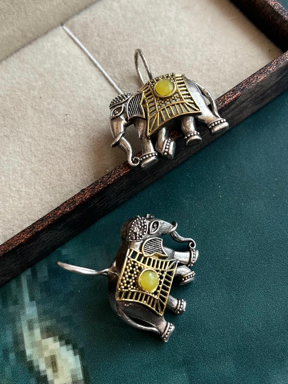 Dual Tone Elephant Shape Stone Earring