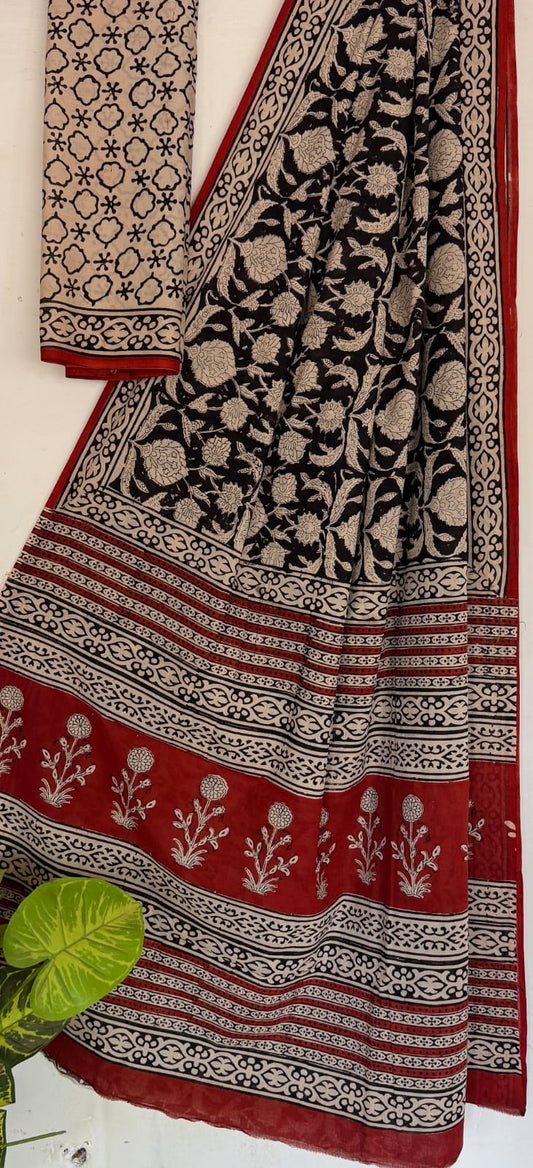 Hand Block Printed Cotton Mul Saree with Blouse