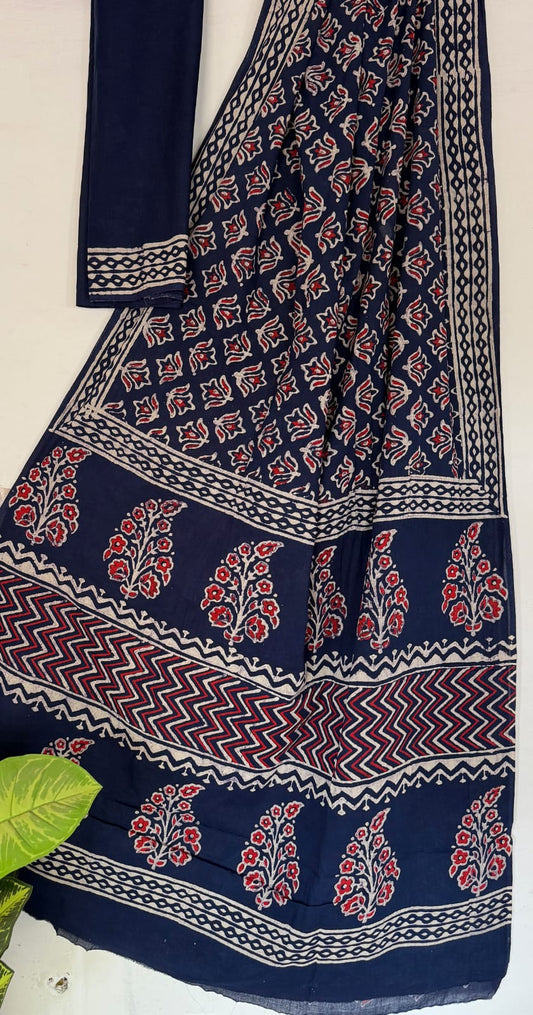 Hand Block Printed Cotton Mul Saree with Blouse