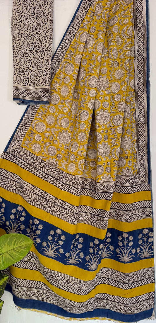 Hand Block Printed Cotton Mul Saree with Blouse