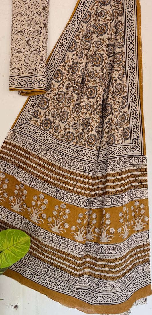 Hand Block Printed Cotton Mul Saree with Blouse