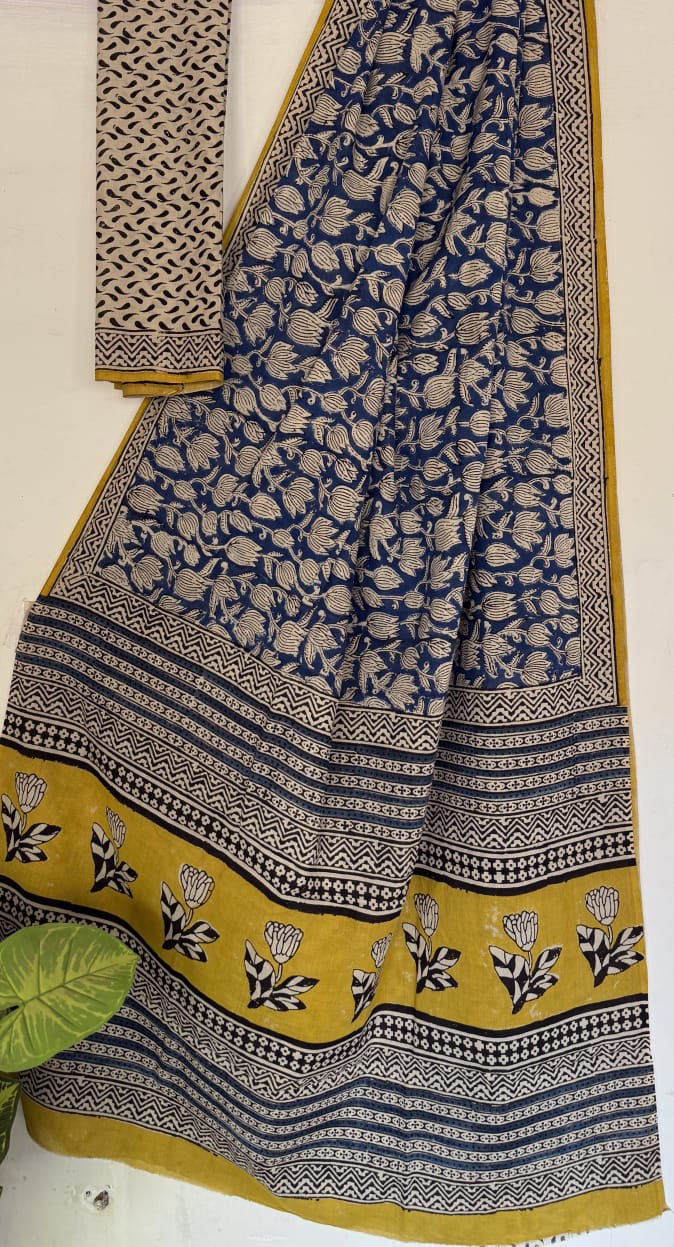 Hand Block Printed Cotton Mul Saree with Blouse