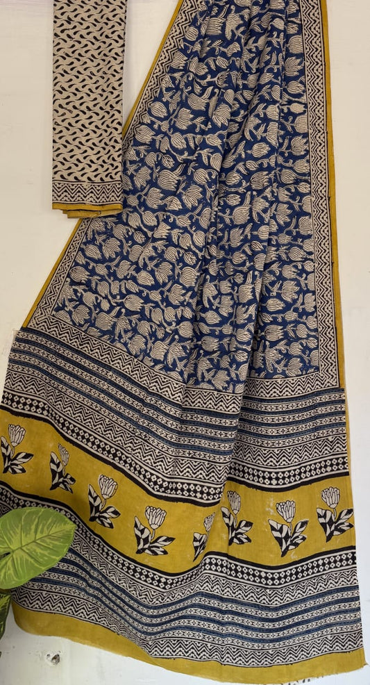 Hand Block Printed Cotton Mul Saree with Blouse