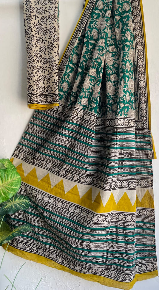 Hand Block Printed Cotton Mul Saree with Blouse