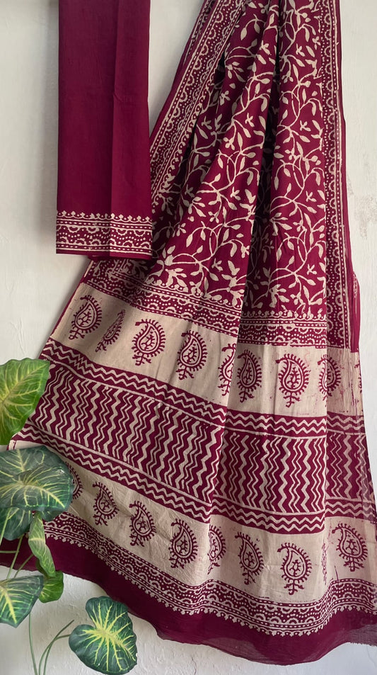 Hand Block Printed Cotton Mul Saree with Blouse