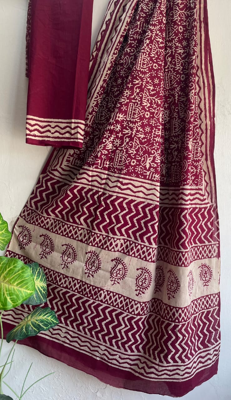 Hand Block Printed Cotton Mul Saree with Blouse