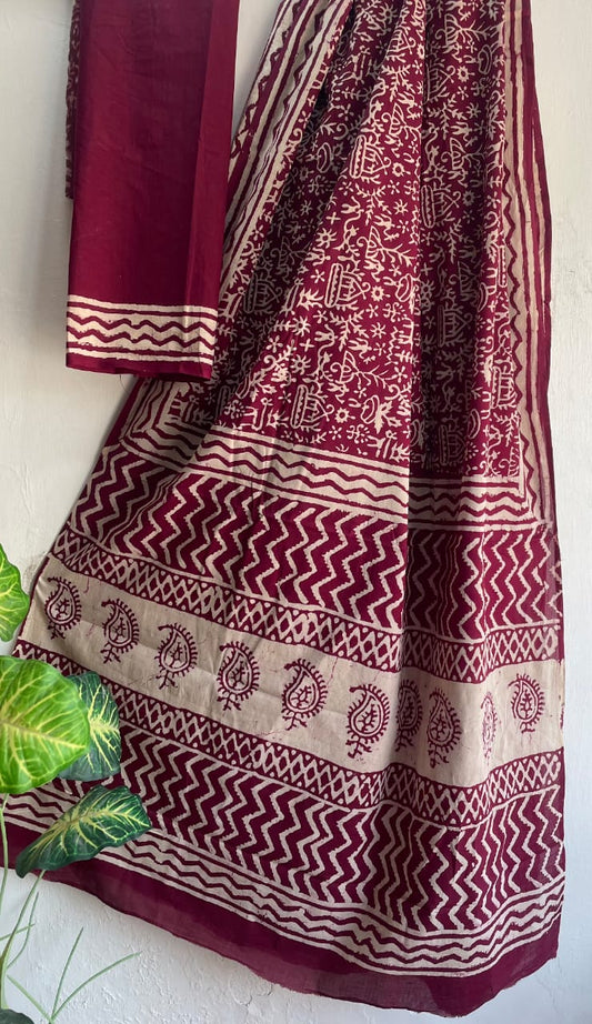 Hand Block Printed Cotton Mul Saree with Blouse