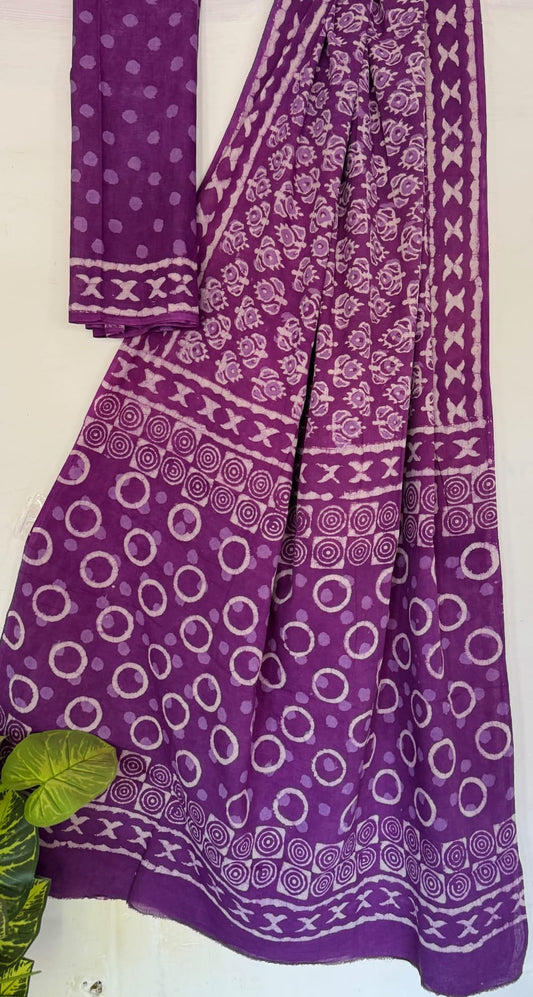 Hand Block Printed Cotton Mul Saree with Blouse