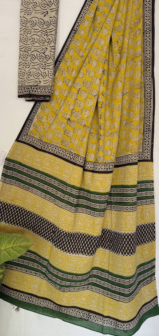 Hand Block Printed Cotton Mul Saree with Blouse