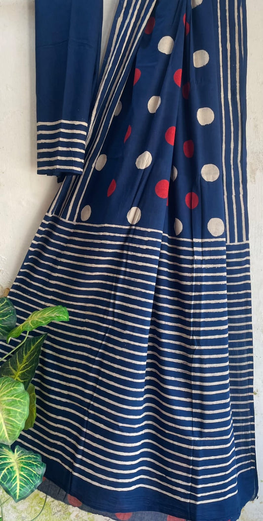 Hand Block Printed Cotton Mul Saree with Blouse