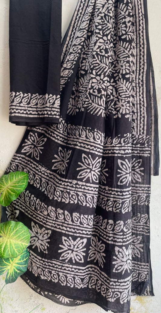 Hand Block Printed Cotton Mul Saree with Blouse