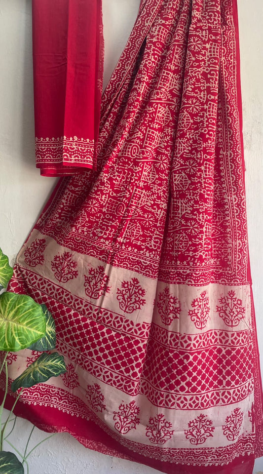 Hand Block Printed Cotton Mul Saree with Blouse