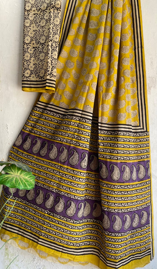 Hand Block Printed Cotton Mul Saree with Blouse