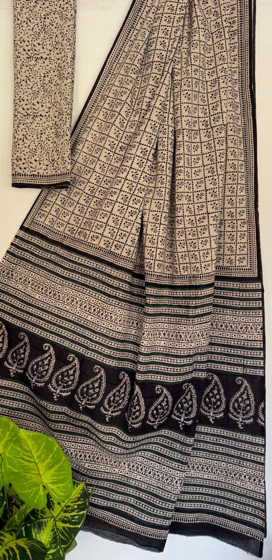 Hand Block Printed Cotton Mul Saree with Blouse