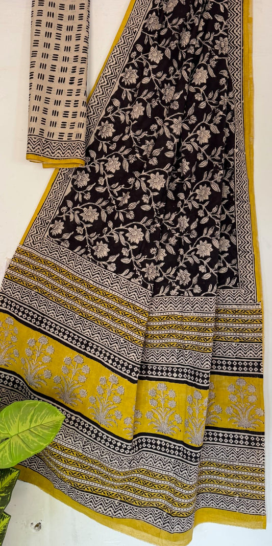 Hand Block Printed Cotton Mul Saree with Blouse