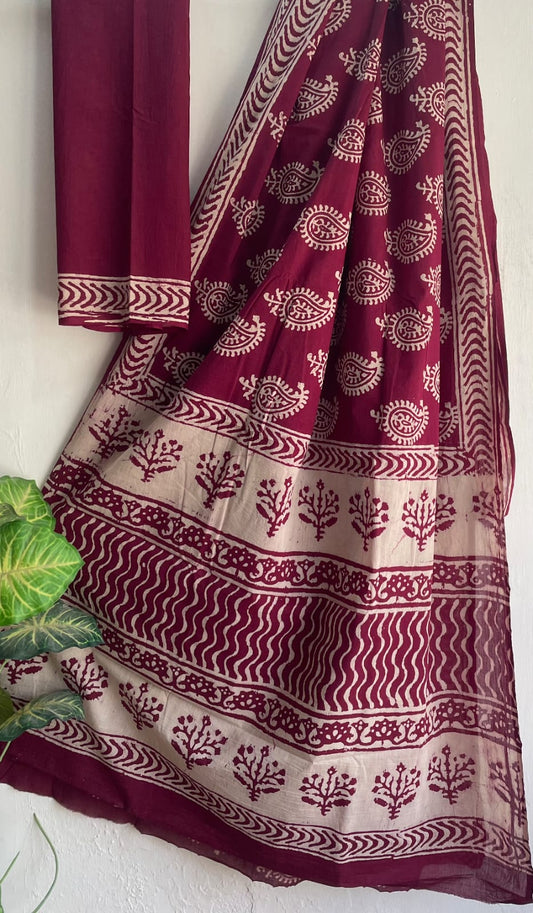 Hand Block Printed Cotton Mul Saree with Blouse
