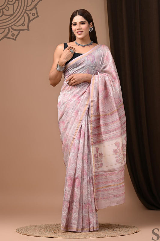 Hand Block Printed Chanderi Silk Saree with Blouse
