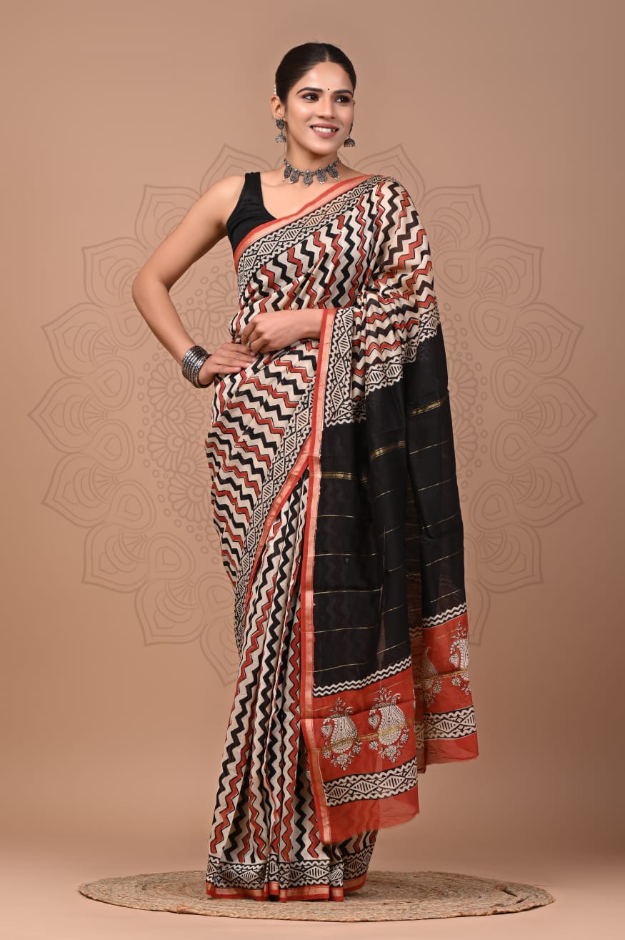 Hand Block Printed Chanderi Silk Saree with Blouse