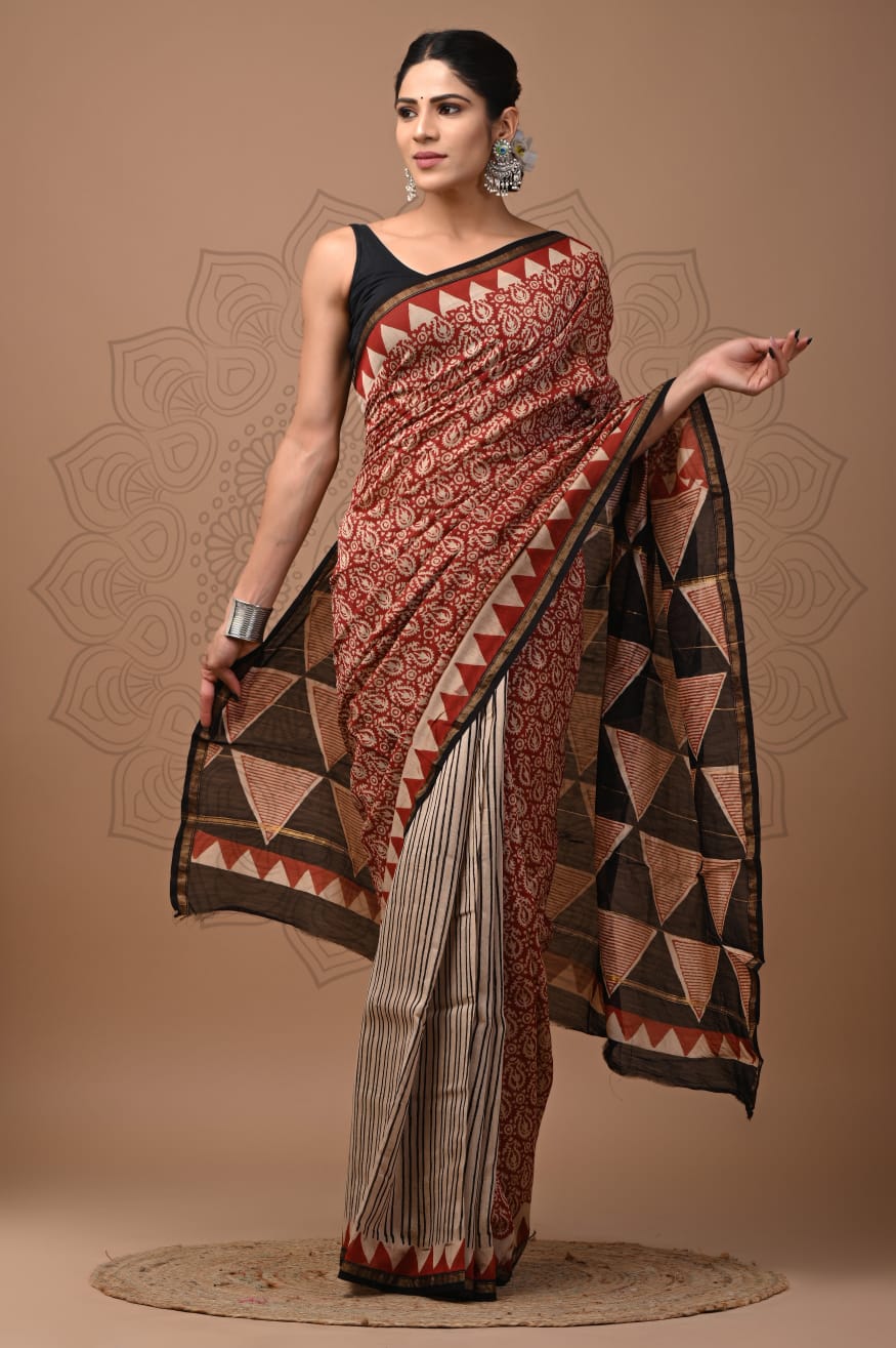 Hand Block Printed Chanderi Silk Saree with Blouse