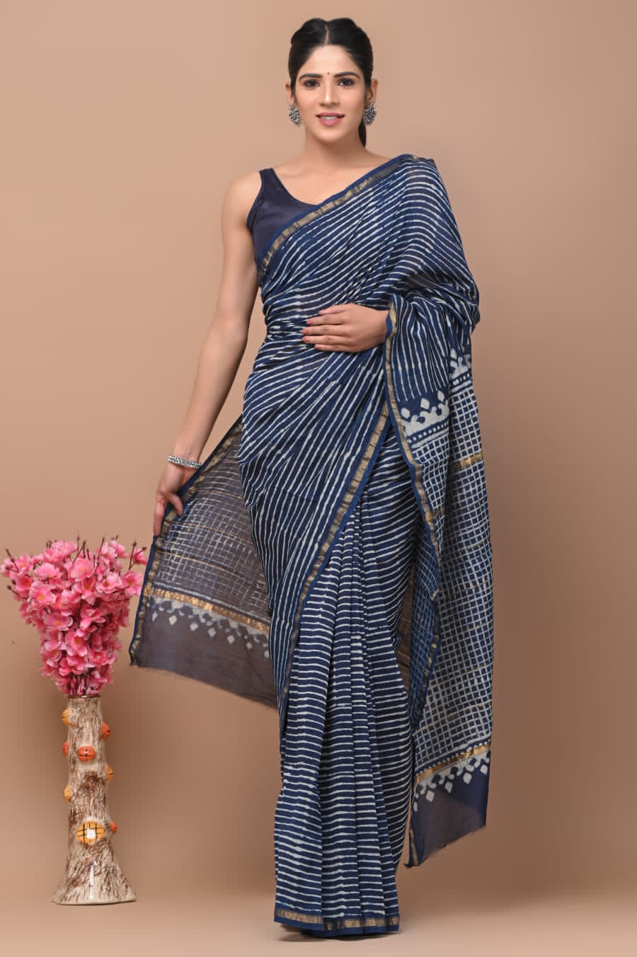 Hand Block Printed Chanderi Silk Saree with Blouse