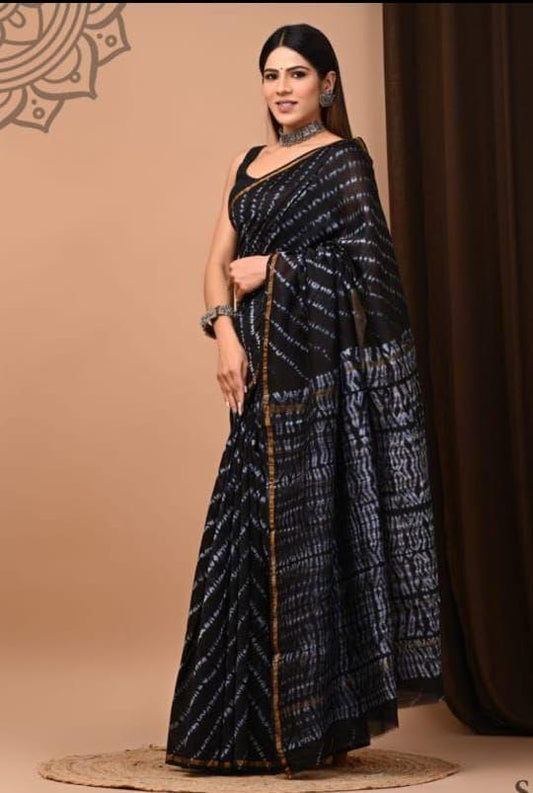 Hand Block Printed Chanderi Silk Saree with Blouse