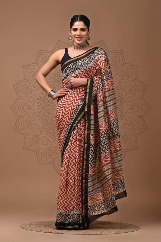 Hand Block Printed Chanderi Silk Saree with Blouse