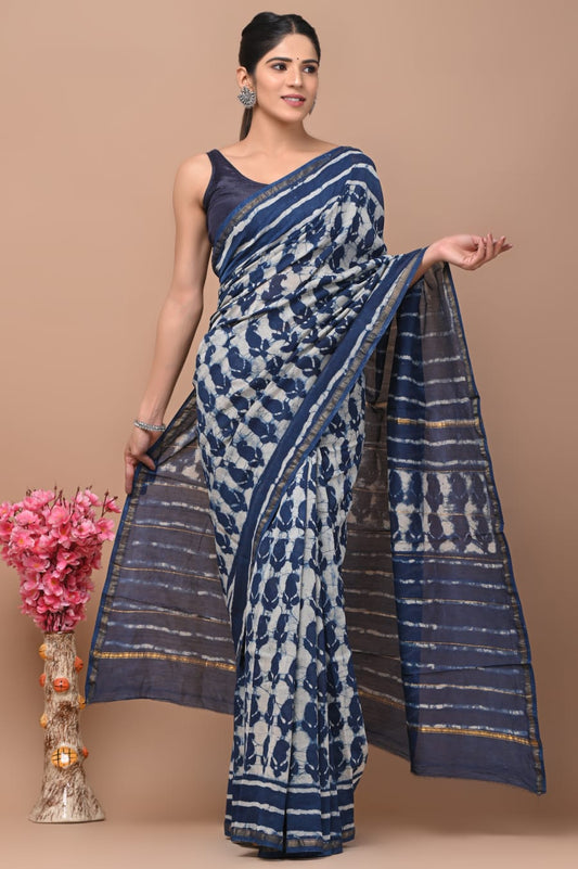 Hand Block Printed Chanderi Silk Saree with Blouse