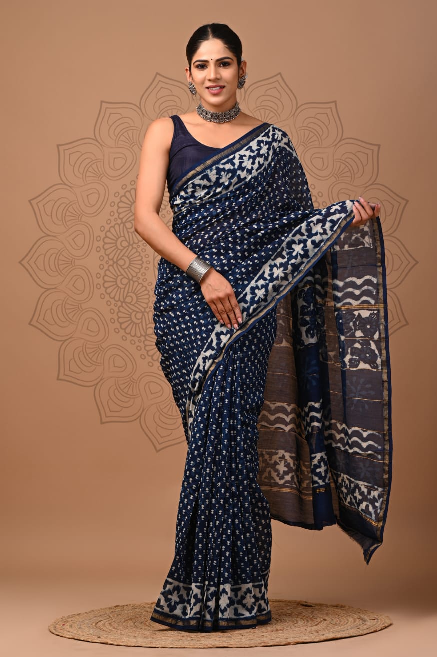 Hand Block Printed Chanderi Silk Saree with Blouse
