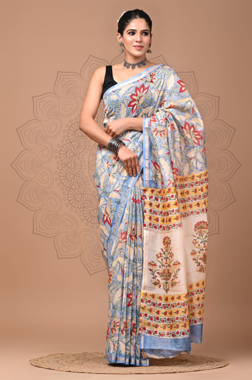 Hand Block Printed Chanderi Silk Saree with Blouse
