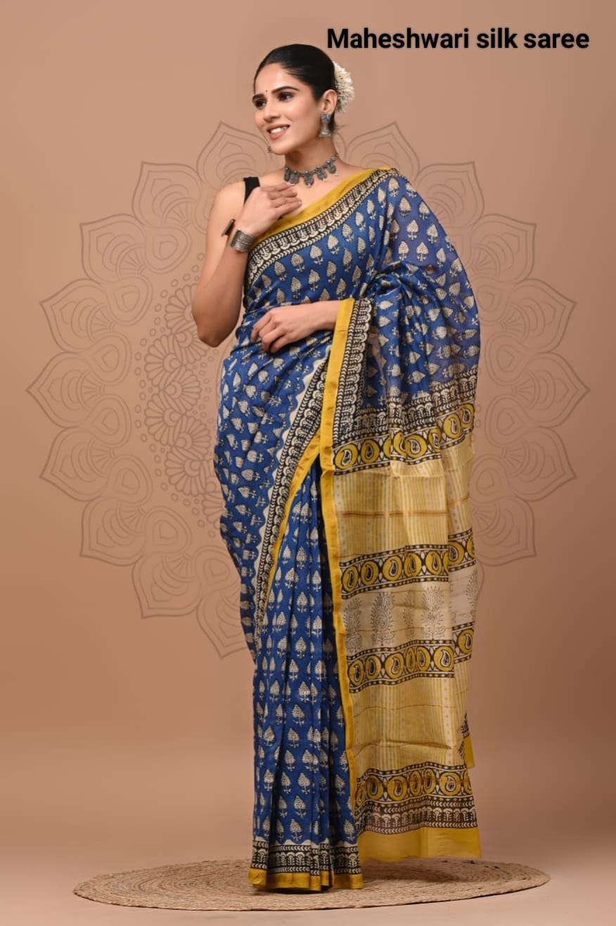 Hand Block Printed Chanderi Silk Saree with Blouse
