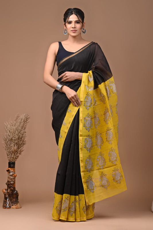 Hand Block Printed Chanderi Silk Saree with Blouse