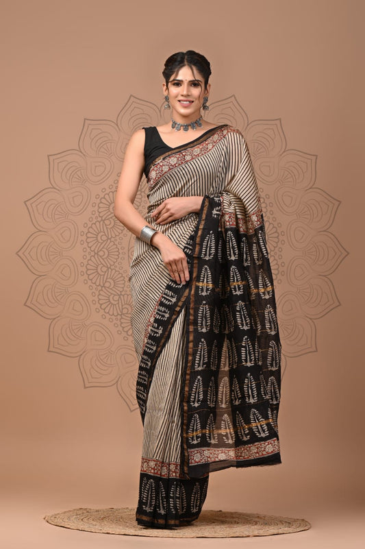 Hand Block Printed Chanderi Silk Saree with Blouse